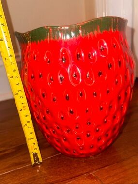 Glossy Red Ceramic Strawberry Vase with Green Accent